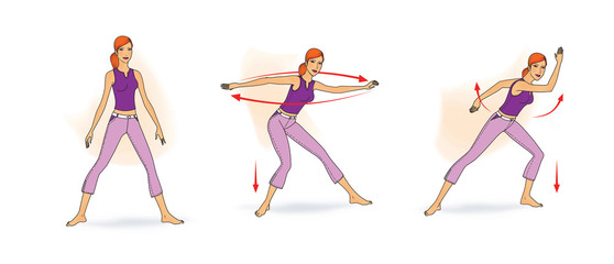 The girl in sportswear performs stretching and balance exercises. Squats, spins, waving her arms, bending. Isolated on white background