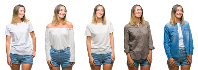 Collage of blonde beautiful woman wearing casual look over white isolated backgroud looking away to side with smile on face, natural expression. Laughing confident.