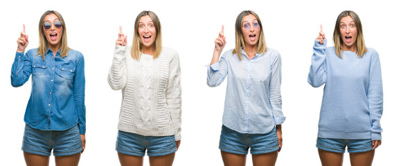 Collage of blonde beautiful woman wearing casual look over white isolated backgroud pointing finger up with successful idea. Exited and happy. Number one.