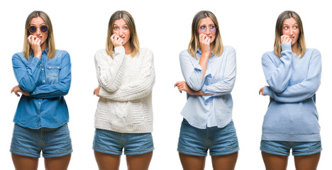 Obraz premium Collage of blonde beautiful woman wearing casual look over white isolated backgroud looking stressed and nervous with hands on mouth biting nails. Anxiety problem.