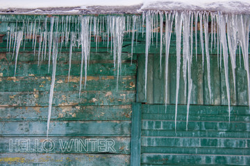 Photo with text Hello winter. Winter landscape. Banner with text. Hello winter. Winter.
