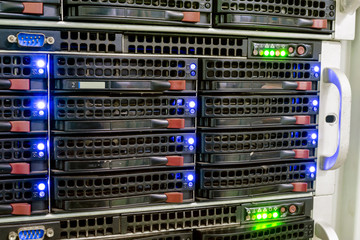 Database servers are  close-up. Сolocation services in data center. Powerful computers for storing large array of information.