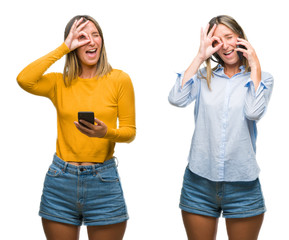 Collage of blonde beautiful woman using smartphone over white isolated backgroud with happy face smiling doing ok sign with hand on eye looking through fingers