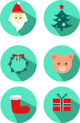 Happy new year icon with Santa Claus, christmas tree; christmas wreath; pig; gift and christmas sock.