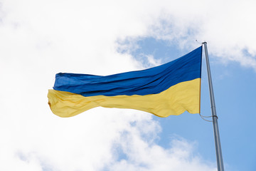 Ukrainian flag in the sky close up