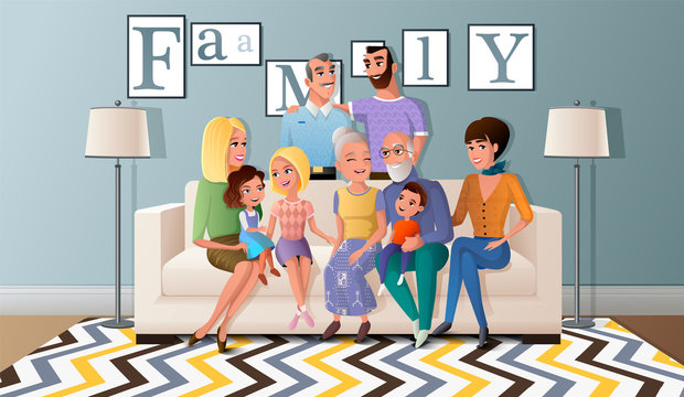 Big Family Gathered Together Cartoon Vector