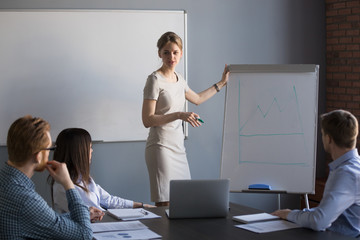 Young woman leader gives presentation to office people group, business coach speaking presenting...