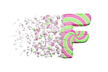 Broken shattered alphabet letter F. Crushed font made of pink and green striped lollipop. 3D render isolated on white background.