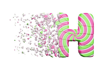 Broken shattered alphabet letter H. Crushed font made of pink and green striped lollipop. 3D render isolated on white background.