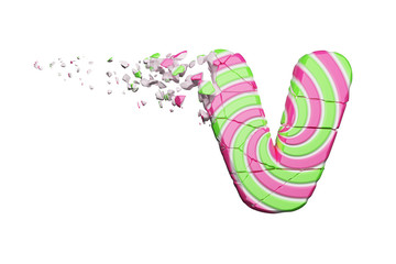 Broken shattered alphabet letter V. Crushed font made of pink and green striped lollipop. 3D render isolated on white background.