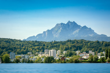 Panoramic view of the Mount Pilatus in Luzern, Switzerland from the boat on Lake of Luzern in a...