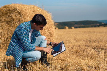 Naklejka na ściany i meble A young male farmer agronomist botanist studies mowed hay with a magnifying glass and a tablet in a field against a haystack background