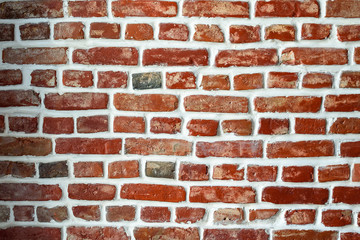 Red brick wall texture with white grout, vintage, grunge wall