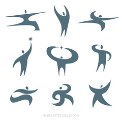 Abstract moving geometric people figures. Vector icons set. Logo template.