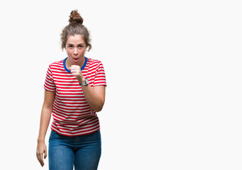 Fototapeta premium Beautiful brunette curly hair young girl wearing casual look over isolated background feeling unwell and coughing as symptom for cold or bronchitis. Healthcare concept.