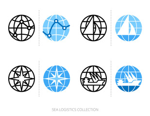 Sea logistics and transportation icon set with globe, logo template. Vector graphics collection.