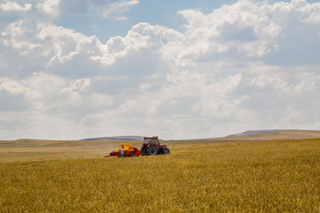 Combine harvester on a wheat field with blue sky