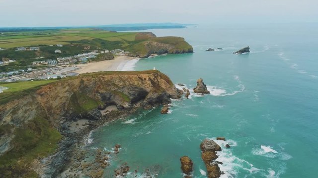 Typical view over the Coastline of Cornwall - flight over wonderful landscape