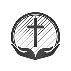 Hands holding Cross, icons or symbols. Religion, Church Christian vector logo.