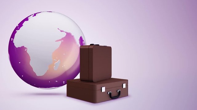 Movie of traveling with animation rotation of abstract Earth globe with glossy surface and suitcases for vacations. Animation of seamless loop.
