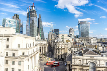 Aerial view of skyscrapers of the world famous bank district of central London