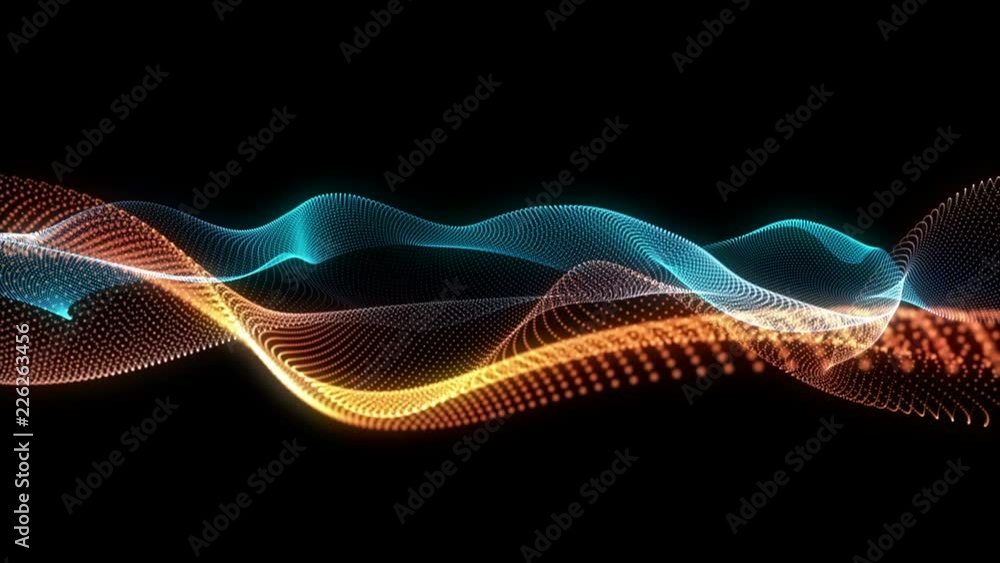 Poster abstract loopable blue and red cg motion waving dots texture with glowing defocused particles. cyber