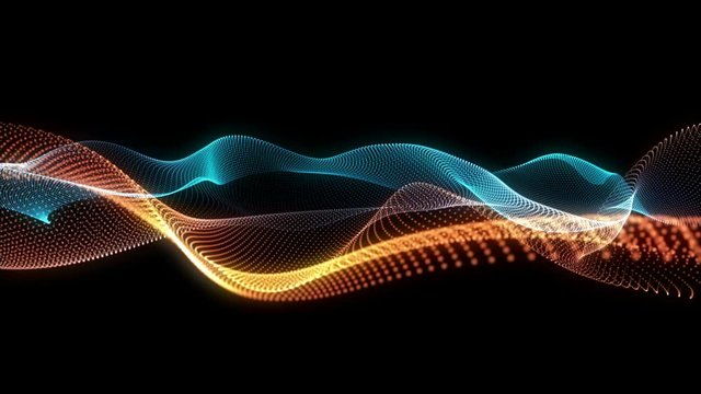 Abstract loopable blue and red cg motion waving dots texture with glowing defocused particles. Cyber or technology digital landscape background. 