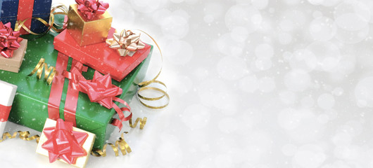Christmas Presents on a silver bokeh background