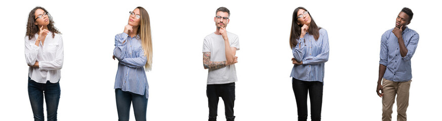 Group and team of young business people over isolated white background with hand on chin thinking about question, pensive expression. Smiling with thoughtful face. Doubt concept.