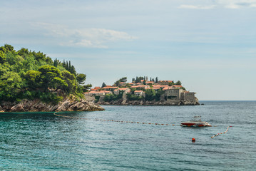 Panoramic view on park Milocer and Sveti Stefan island