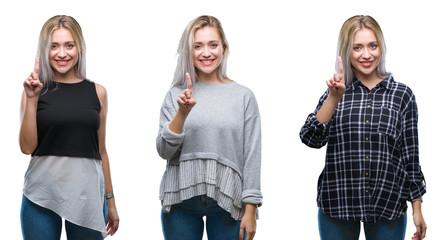 Collage of beautiful blonde young woman over isolated background showing and pointing up with finger number one while smiling confident and happy.