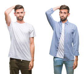 Collage of young man wearing casual look over white isolated backgroud confuse and wonder about...