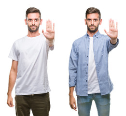 Collage of young man wearing casual look over white isolated backgroud doing stop sing with palm of the hand. Warning expression with negative and serious gesture on the face.