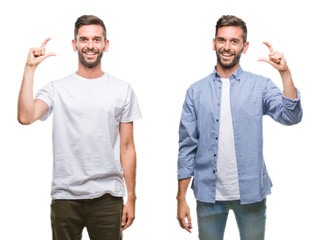 Collage of young man wearing casual look over white isolated backgroud smiling and confident gesturing with hand doing size sign with fingers while looking and the camera. Measure concept.