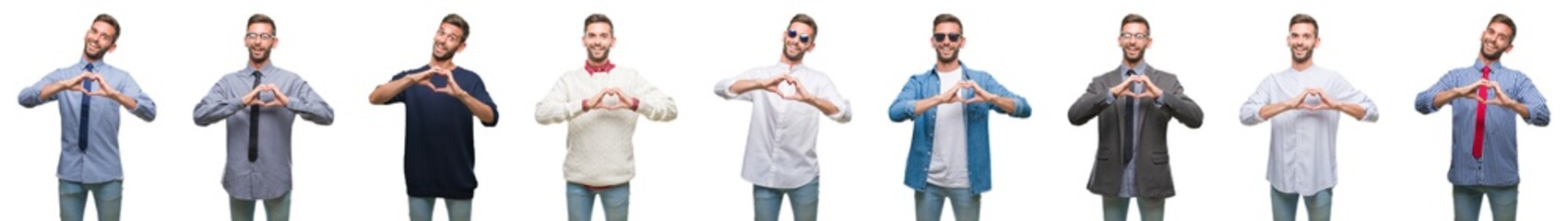 Collage of young man over white isolated backgroud smiling in love showing heart symbol and shape with hands. Romantic concept.