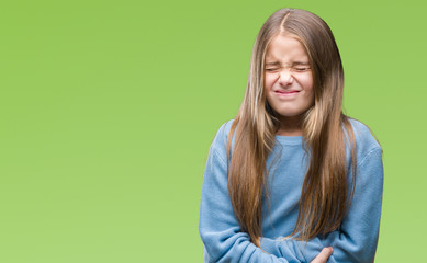 Fototapeta premium Young beautiful girl wearing winter sweater over isolated background with hand on stomach because indigestion, painful illness feeling unwell. Ache concept.