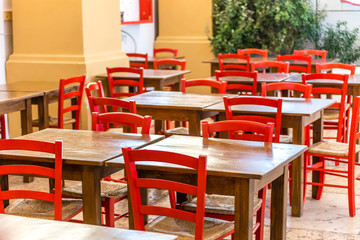red chairs in country resturant