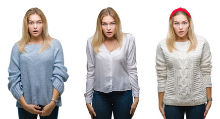 Collage of young beautiful blonde woman over white isolated backgroud afraid and shocked with surprise expression, fear and excited face.