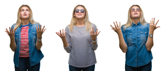 Obraz premium Collage of young beautiful blonde woman wearing sunglasses over white isolated backgroud crazy and mad shouting and yelling with aggressive expression and arms raised. Frustration concept.