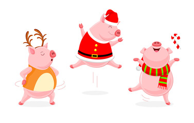 Set of funny cute cartoon pig dancing. Character design with Christmas concept costume. Vector illustration isolated on white background.