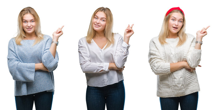 Collage of young beautiful blonde woman over white isolated backgroud with a big smile on face, pointing with hand and finger to the side looking at the camera.