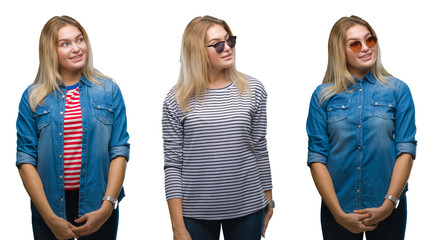 Obraz premium Collage of young beautiful blonde woman wearing sunglasses over white isolated backgroud looking away to side with smile on face, natural expression. Laughing confident.