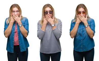 Collage of young beautiful blonde woman wearing sunglasses over white isolated backgroud shocked covering mouth with hands for mistake. Secret concept.