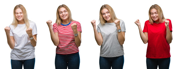 Collage of young beautiful blonde woman wearing a t-shirt over white isolated backgroud very happy and excited doing winner gesture with arms raised, smiling and screaming for success. Celebration