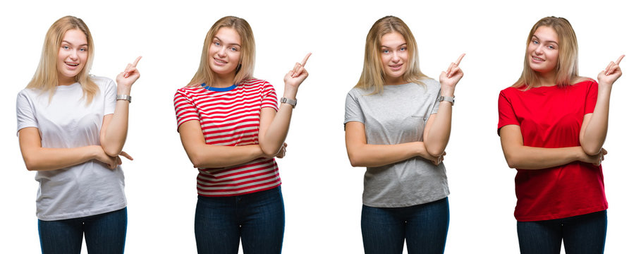 Collage of young beautiful blonde woman wearing a t-shirt over white isolated backgroud with a big smile on face, pointing with hand and finger to the side looking at the camera.