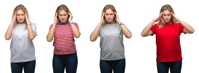 Collage of young beautiful blonde woman wearing a t-shirt over white isolated backgroud with hand on head for pain in head because stress. Suffering migraine.