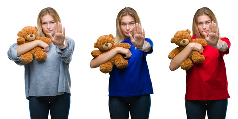 Collage of young beautiful blonde woman holding teddy bear over white isolated backgroud with open...