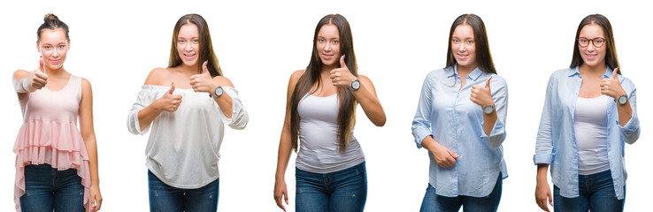 Collage of young beautiful brunette girl over white isolated background doing happy thumbs up gesture with hand. Approving expression looking at the camera with showing success.