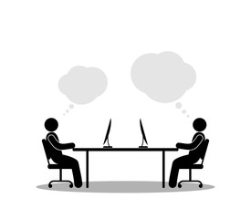 work at the computer, office workers sit at the table, stick figure people silhouettes, human icon pictogram