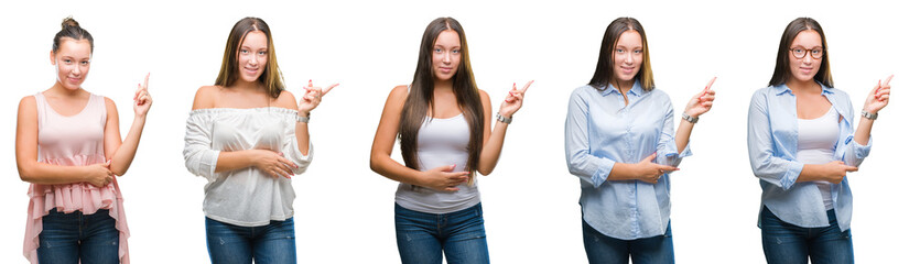 Collage of young beautiful brunette girl over white isolated background with a big smile on face, pointing with hand and finger to the side looking at the camera.